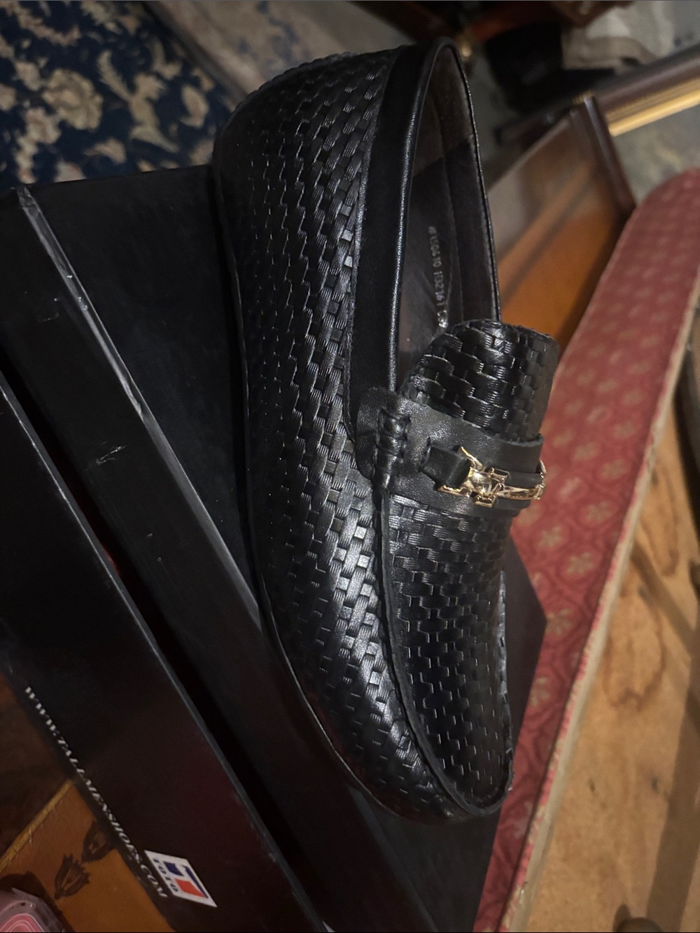 Black Woven Leather Slip-On Loafers with Gold Bit